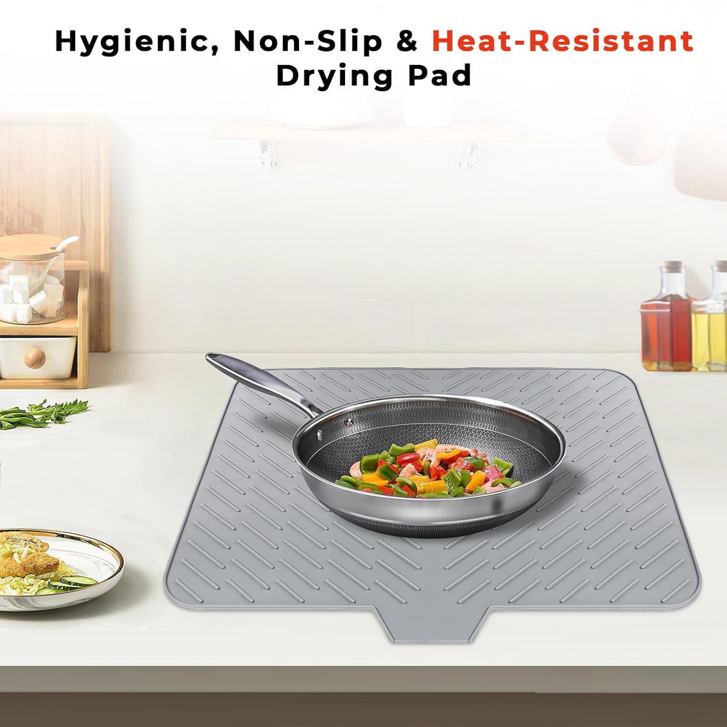 HomeEssentials Silicone Dish Drying Mat for Kitchen - Built-in Drain Lip | Hygienic Drying Pad - Sturdy Compact Easy to Clean Tray Protects Surfaces Prevents