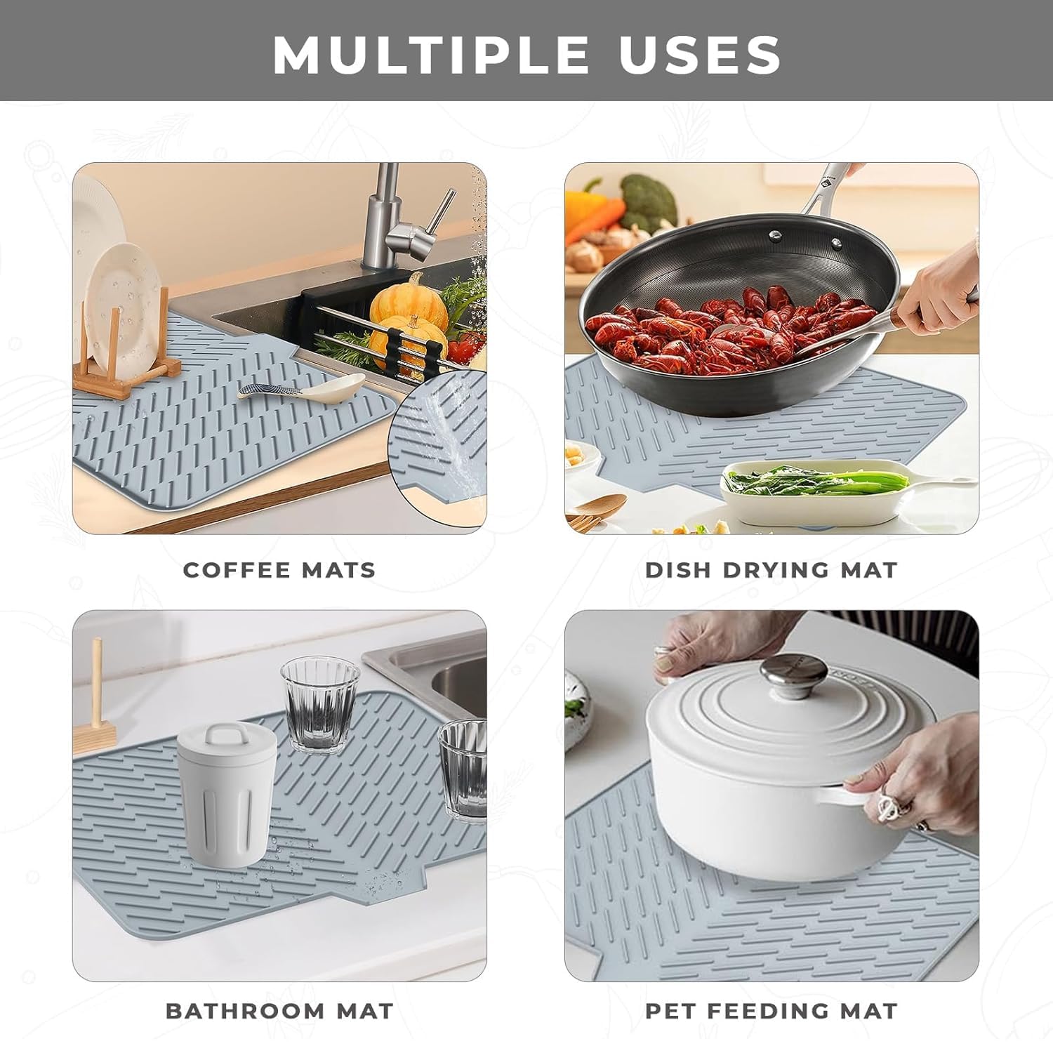 HomeEssentials Silicone Dish Drying Mat for Kitchen - Built-in Drain Lip | Hygienic Drying Pad - Sturdy Compact Easy to Clean Tray Protects Surfaces Prevents